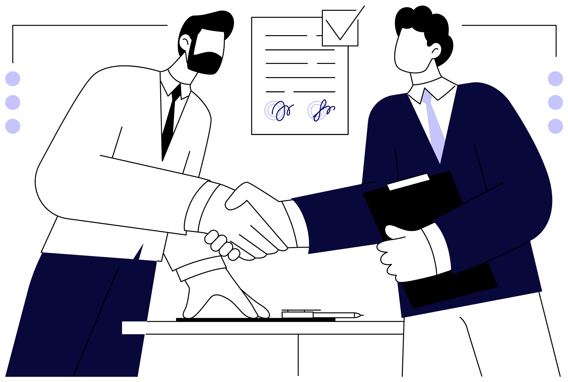 Illustrasjon av anbudskonsulent og kunde som signerer og blir enige om en anbudsavtale