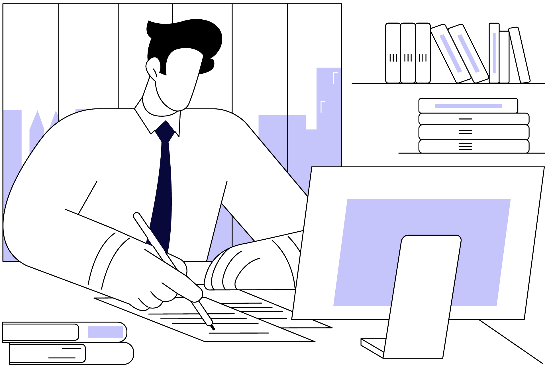 Illustrasjon av anbudsmann foran en PC som utarbeider tilbud og anbud