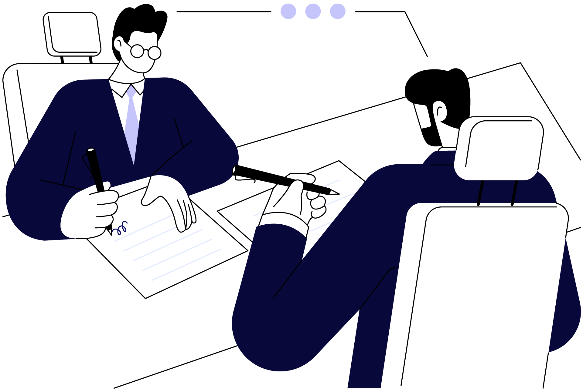 Illustrasjon av anbudskonsulent og kunde som signerer og blir enige om en anbudsavtale