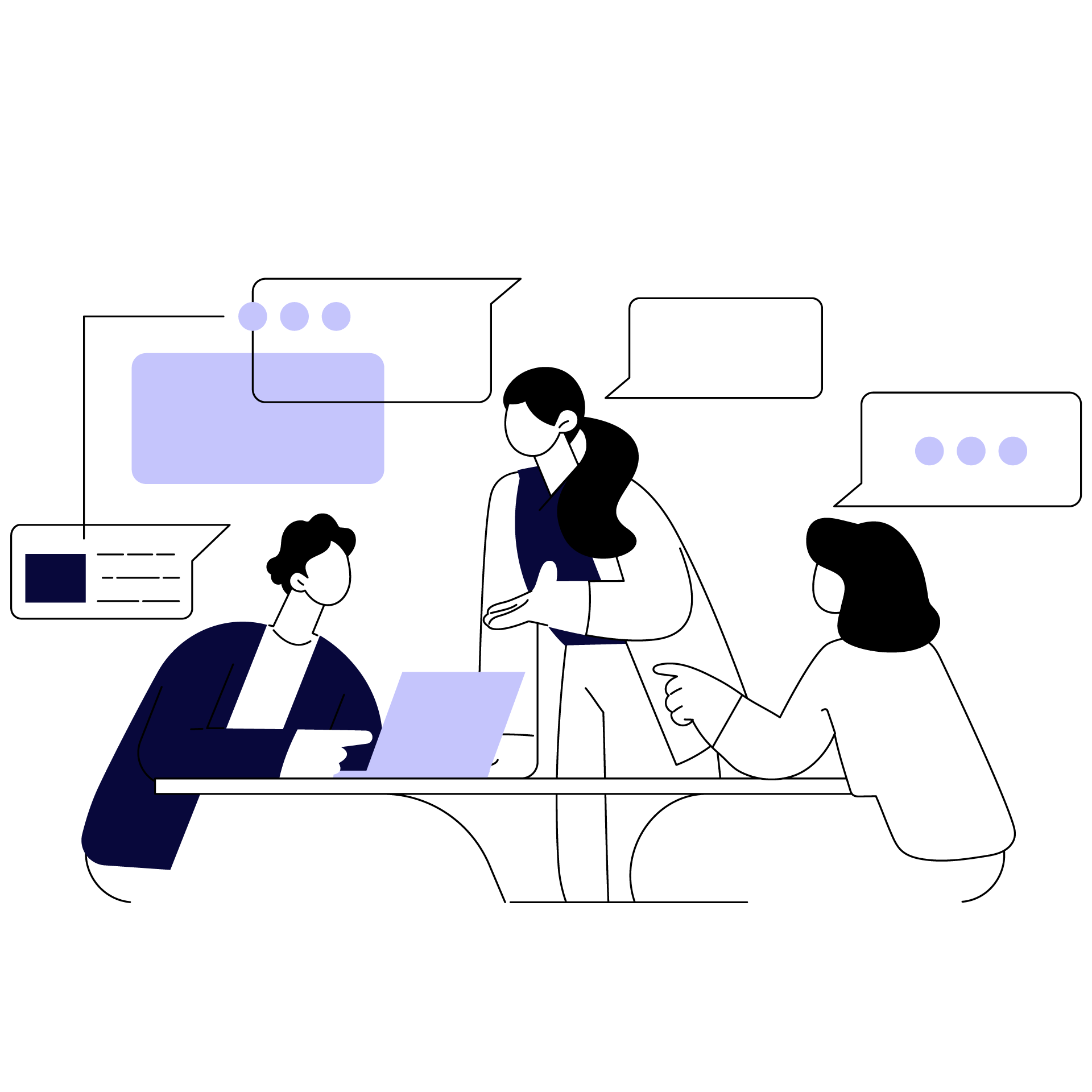 Illustrasjon av tre mennesker som diskuterer anbud og tilbud seg i mellom